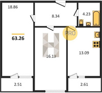 Продажа двухкомнатной квартиры 63.26/35.05/13.09 3/25 Школьная ул, д. 1 Корпус 1