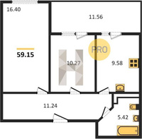 Продажа двухкомнатной квартиры 59.15/26.67/9.58 11/16 Кирилла Россинского ул, д. 3/1 Корпус 1