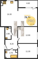 Продажа трехкомнатной квартиры 73.50/38.10/16.30 6/16 им. Ивана Беличенко ул, д. 83 Корпус 18 (уч. 600 литер 1)