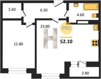 Продажа однокомнатной квартиры 52.10/12.80/23.80 18/18 им. Мурата Ахеджака ул, д. 12 Корпус 12