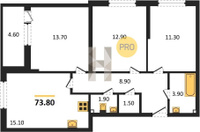 Продажа трехкомнатной квартиры 73.80/37.90/15.10 2/16 им. Ивана Беличенко ул, д. 90, корп. 1 Корпус 52 (уч. 587 литер 2)