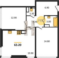 Продажа двухкомнатной квартиры 63.20/27.70/19.90 16/16 Западный обход ул, Корпус 43 (уч. 594 литер 5)