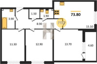 Продажа трехкомнатной квартиры 73.80/37.90/15.10 1/16 Западный обход ул, Корпус 53 (уч. 587 литер 3)