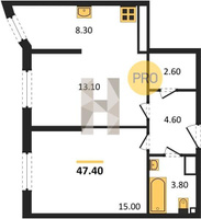 Продажа двухкомнатной квартиры 47.40/28.10/8.30 15/16 им. Ивана Беличенко ул, д. 90, корп. 1 Корпус 52 (уч. 587 литер 2)