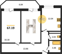 Продажа двухкомнатной квартиры 67.19/32.36/12.04 8/19 Ростовское шос., д. 30/6/2 Корпус 2