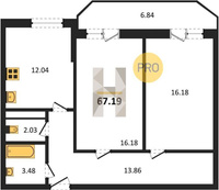 Продажа двухкомнатной квартиры 67.19/32.36/12.04 19/19 Ростовское шос., д. 30/6/2 Корпус 2