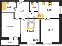 Продажа трехкомнатной квартиры 56.20/33.00/8.90 2/16 Южное сияние мкр., Корпус 27