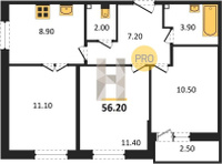 Продажа трехкомнатной квартиры 56.20/33.00/8.90 2/16 Южное сияние мкр., Корпус 27