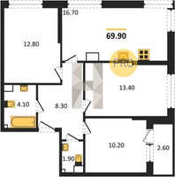 Продажа трехкомнатной квартиры 69.40/36.40/16.70 6/16 им. Марины Цветаевой ул, д. д. 7 Корпус 9 (уч. 743 литер 1)