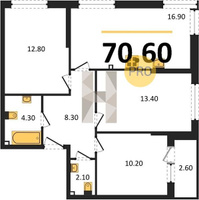 Продажа трехкомнатной квартиры 70.60/36.40/16.90 2/16 Красных Партизан ул. - Азовская ул, Корпус 12 (уч. 743 литер 4)