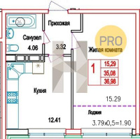 Продажа однокомнатной квартиры 36.98/15.29/12.41 14/24 Обрывная ул, д. 132/1/4 Корпус 4