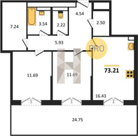 Продажа двухкомнатной квартиры 73.21/23.38/16.43 1/14 Калинина ул, д. 114/1 Корпус 1