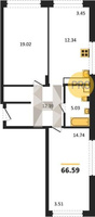 Продажа двухкомнатной квартиры 66.59/33.76/12.34 16/24 Обрывная ул, д. 132/1/2 Корпус 2