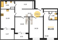 Продажа трехкомнатной квартиры 83.43/39.79/13.39 6/9 Западный обход ул, Корпус 2