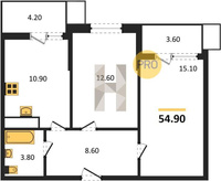 Продажа двухкомнатной квартиры 54.90/27.70/10.90 8/8 Бжедугская ул, д. 47 Корпус 2