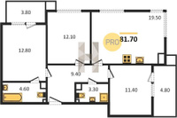 Продажа трехкомнатной квартиры 81.70/36.30/19.50 3/9 1-й Лиговский прд., д. 31 Корпус 31 (уч. 894)