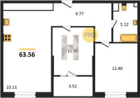 Продажа двухкомнатной квартиры 63.06/23.80/23.11 12/18 Сормовская ул./Старокубанская ул, д. 1.1 Корпус 1.1