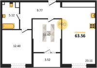 Продажа двухкомнатной квартиры 63.22/23.80/23.11 2/18 Сормовская ул./Старокубанская ул, д. 1.1 Корпус 1.1