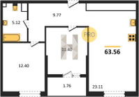 Продажа двухкомнатной квартиры 63.06/23.80/23.11 9/18 Сормовская ул./Старокубанская ул, д. 1.3 Корпус 1.3