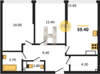 Продажа двухкомнатной квартиры 59.40/26.40/15.60 16/16 им. Марины Цветаевой ул, д. 3 Корпус 3 (уч. 737 литер 3)