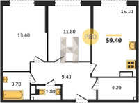 Продажа двухкомнатной квартиры 59.40/25.20/15.10 10/16 им. Марины Цветаевой ул, д. 3 Корпус 3 (уч. 737 литер 3)