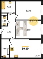 Продажа двухкомнатной квартиры 60.10/25.80/16.10 3/16 им. Марины Цветаевой ул, Корпус 7 (уч. 4106 литер 5)