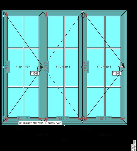 Трехстворчатая дверь КПТ74 Схема 321, 3500х2800 мм