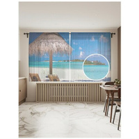 Тюль для кухни и спальни JoyArty "Шезлонги под зонтиком", 2 полотна со шторной лентой шириной по 145 см, высота 180 см.