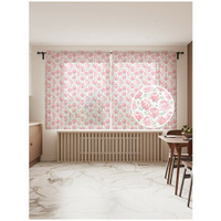 Тюль для кухни и спальни JoyArty "Розовый цветочный узор", 2 полотна со шторной лентой шириной по 145 см, высота 180 см.